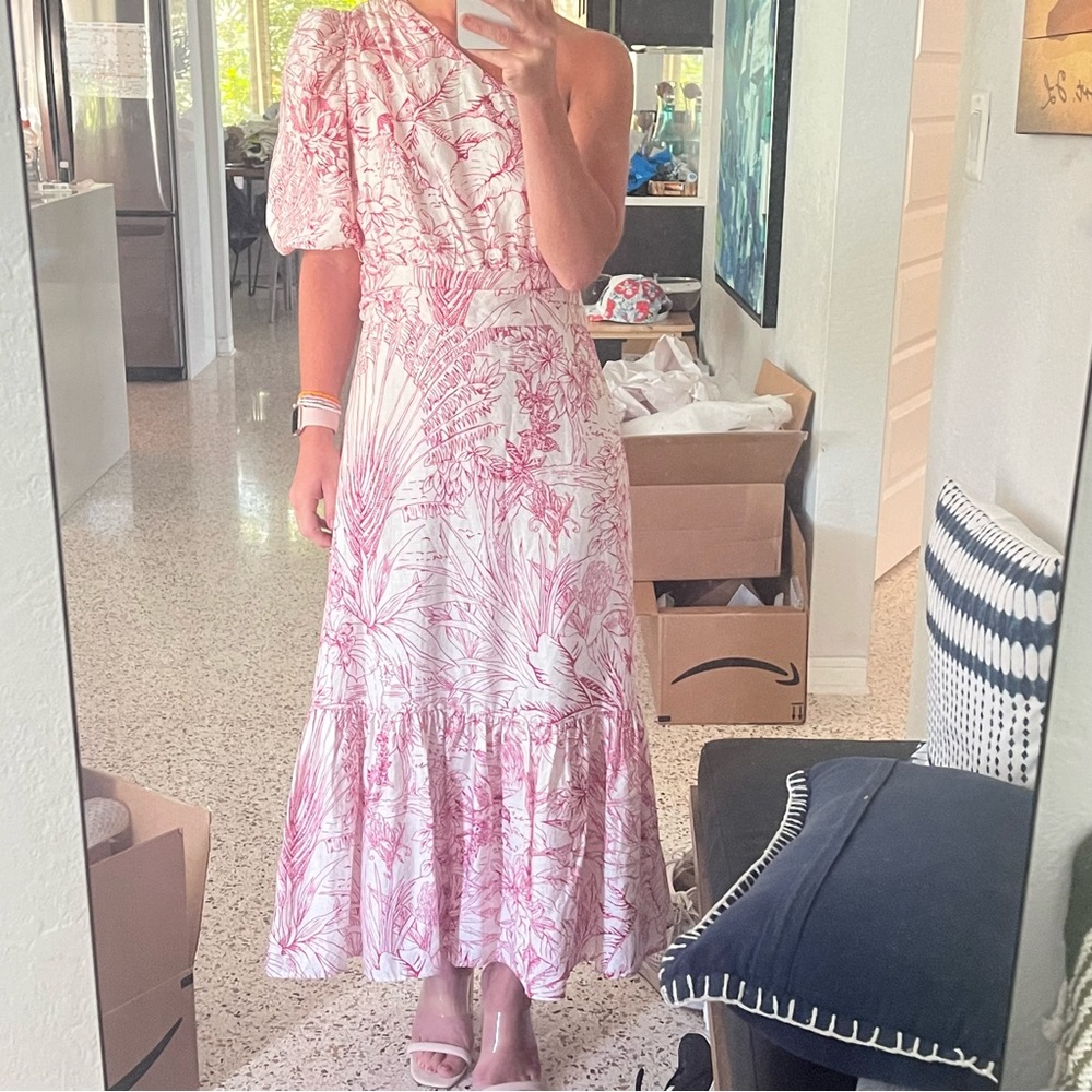 One Shoulder Puff Sleeve Ruffle Hem Midi Dress